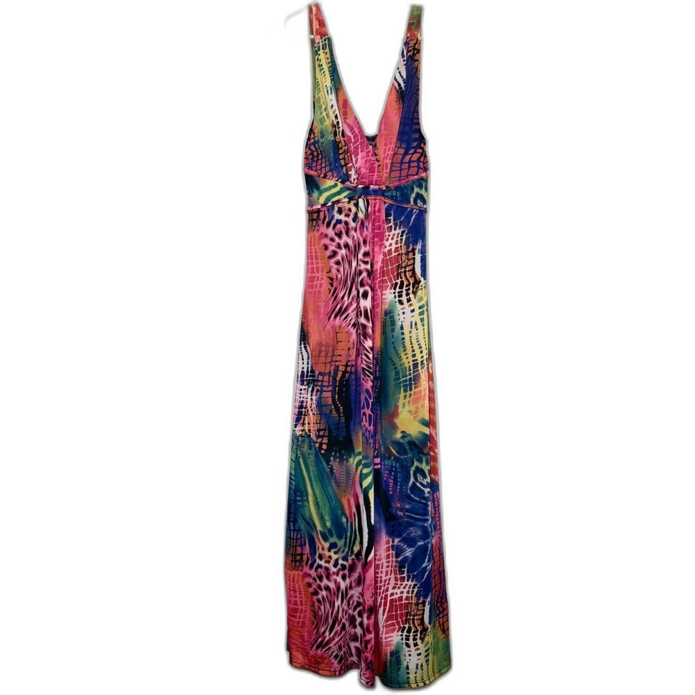 The Pyramid Collection Maxi Dress Sz L Colorful Animal Print Sleeveless Boho